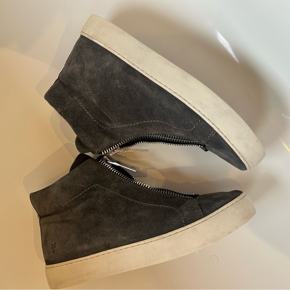 Frye Dark Gray Suede Front-Zip Wedge Sneakers - Picture 2 of 9